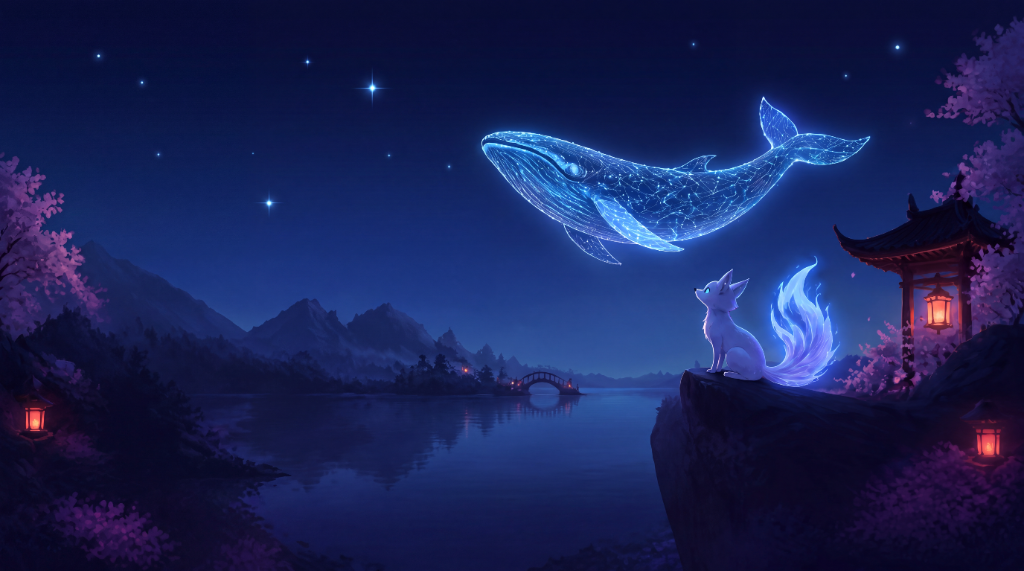 Renard blanc contemplant la baleine constellation au clair de lune